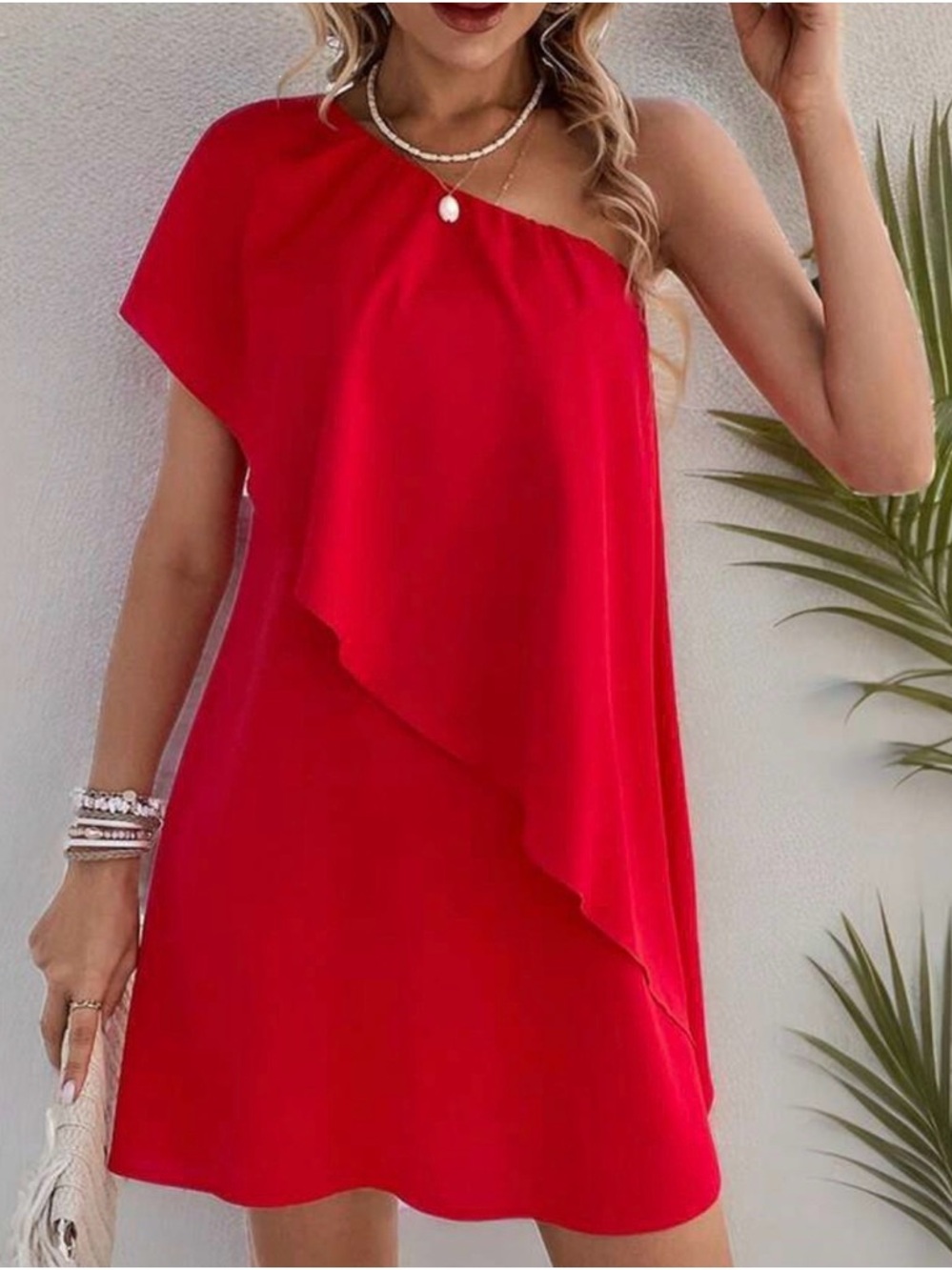 SHEIN Red One-Shoulder Draped Women’s Dress